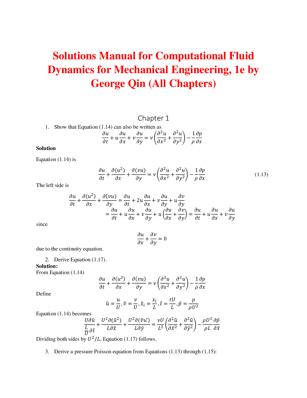 Preview of Computational Fluid Dynamics for Mechanical Engineering, 1e by George Qin (Solutions Manua